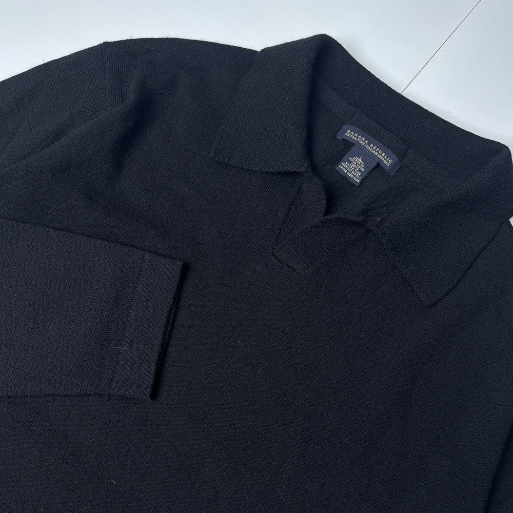 Banana Republic Mens Black Extra Fine Italian Merino Wool Polo Sweater Large